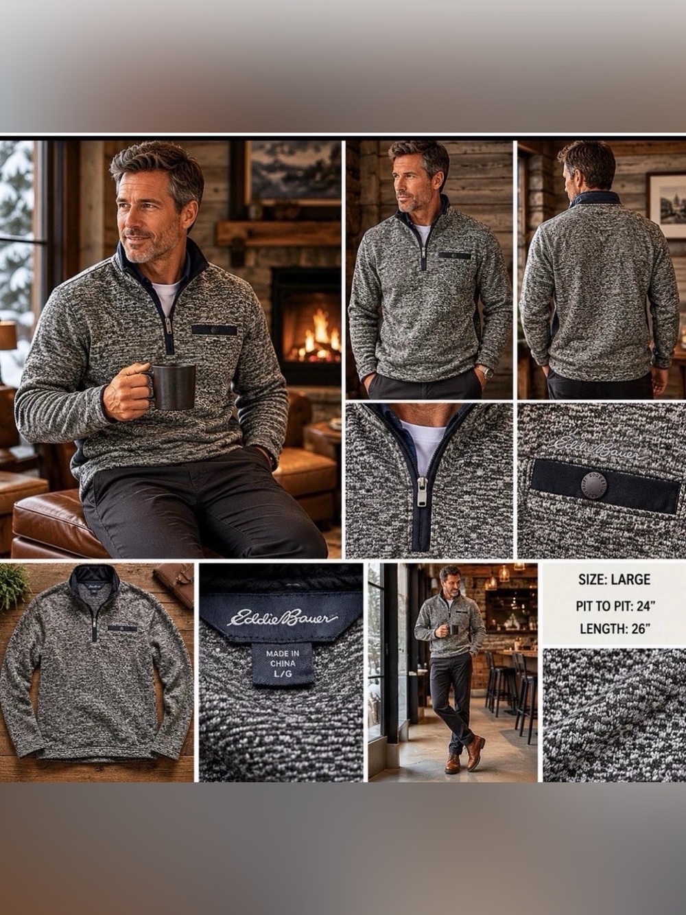 Eddie Bauer Mens Sweater Fleece 1/4 Zip Pullover‎ Heather Gray - Size L